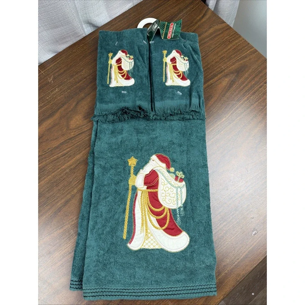 Vintage Y2K Santa W Bag Embroidered Towel Set 3 Piece Trim A Home Forest Green